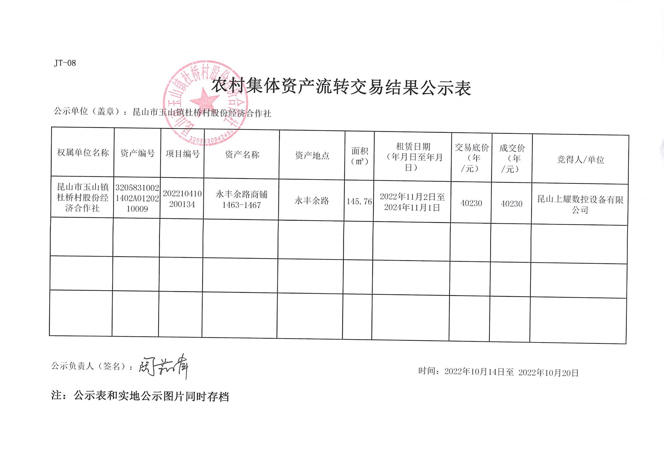 杜桥股份经济合作社农村集体资产流转交易结果公示表（上耀）