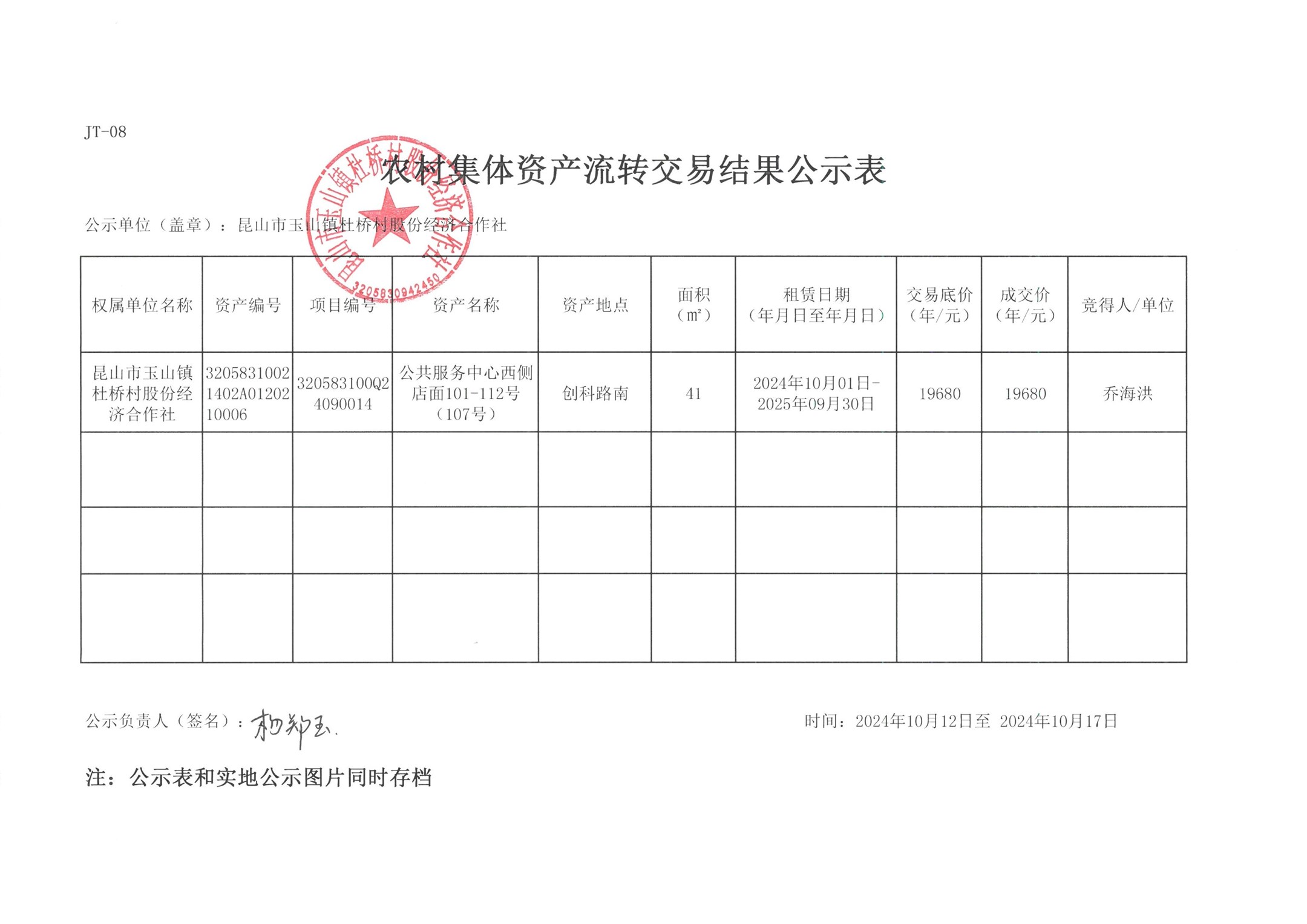 杜桥股份经济合作社农村集体资产流转交易结果公示表（乔海洪）