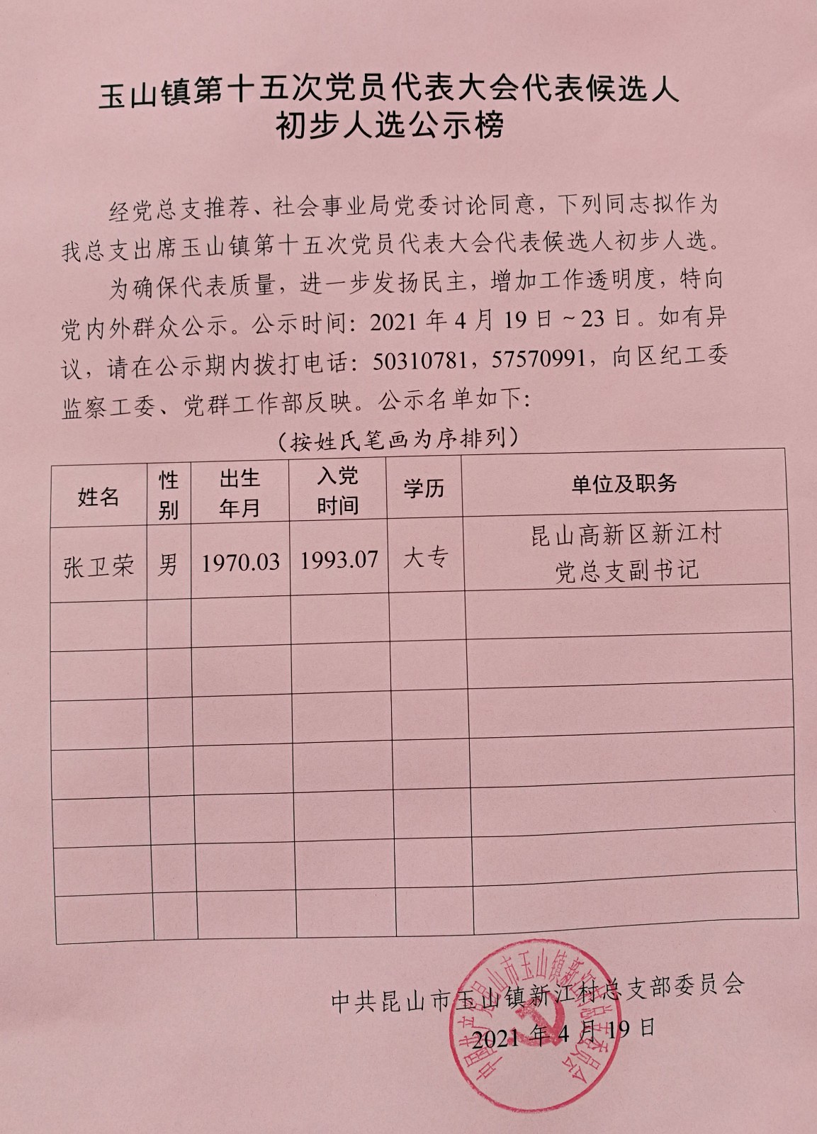 玉山镇第十五次党员代表大会代表候选人初步人选公示榜